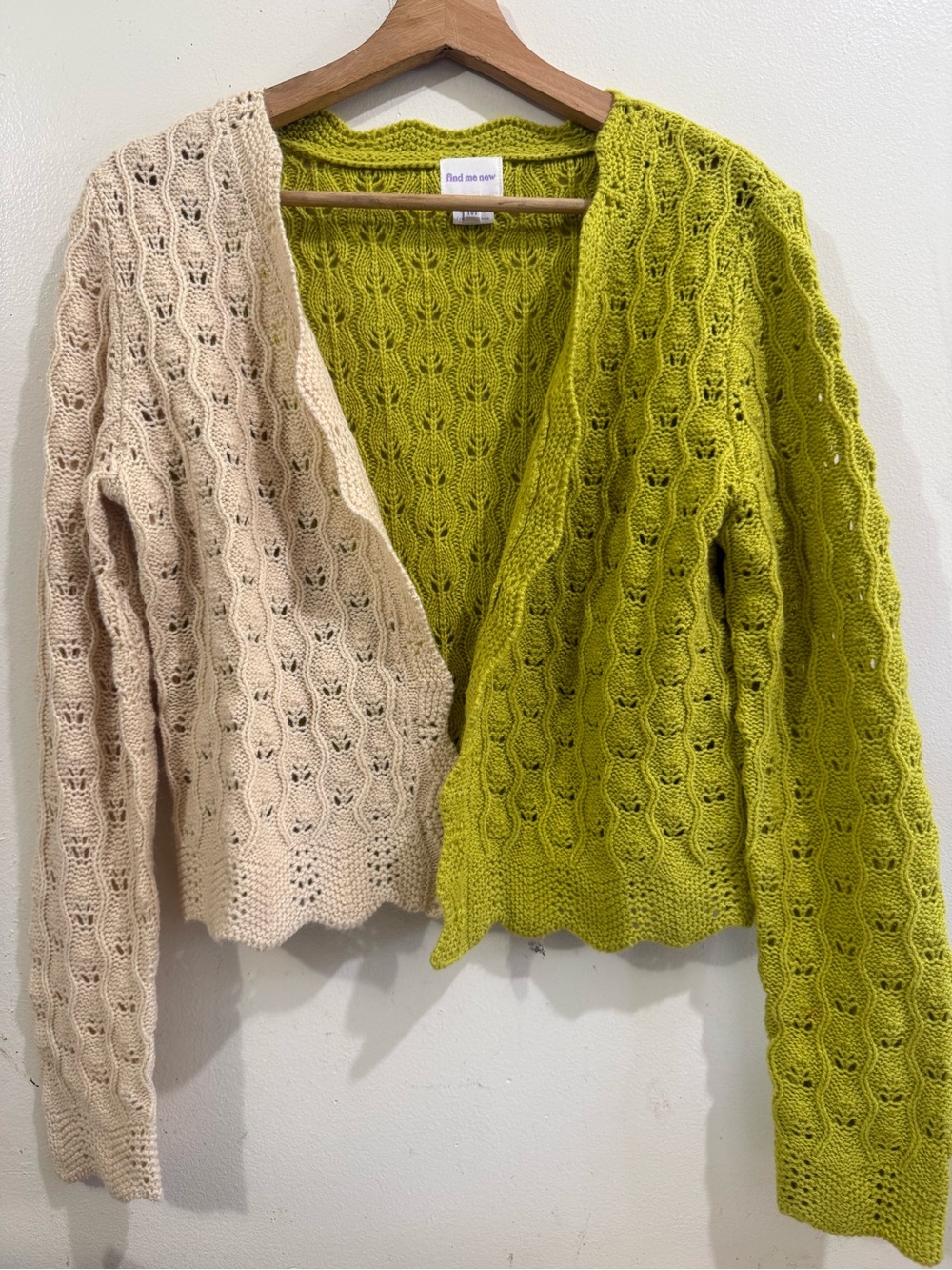 Find Me One Two-Tone Open Knit Cardigan in Cream & Lime